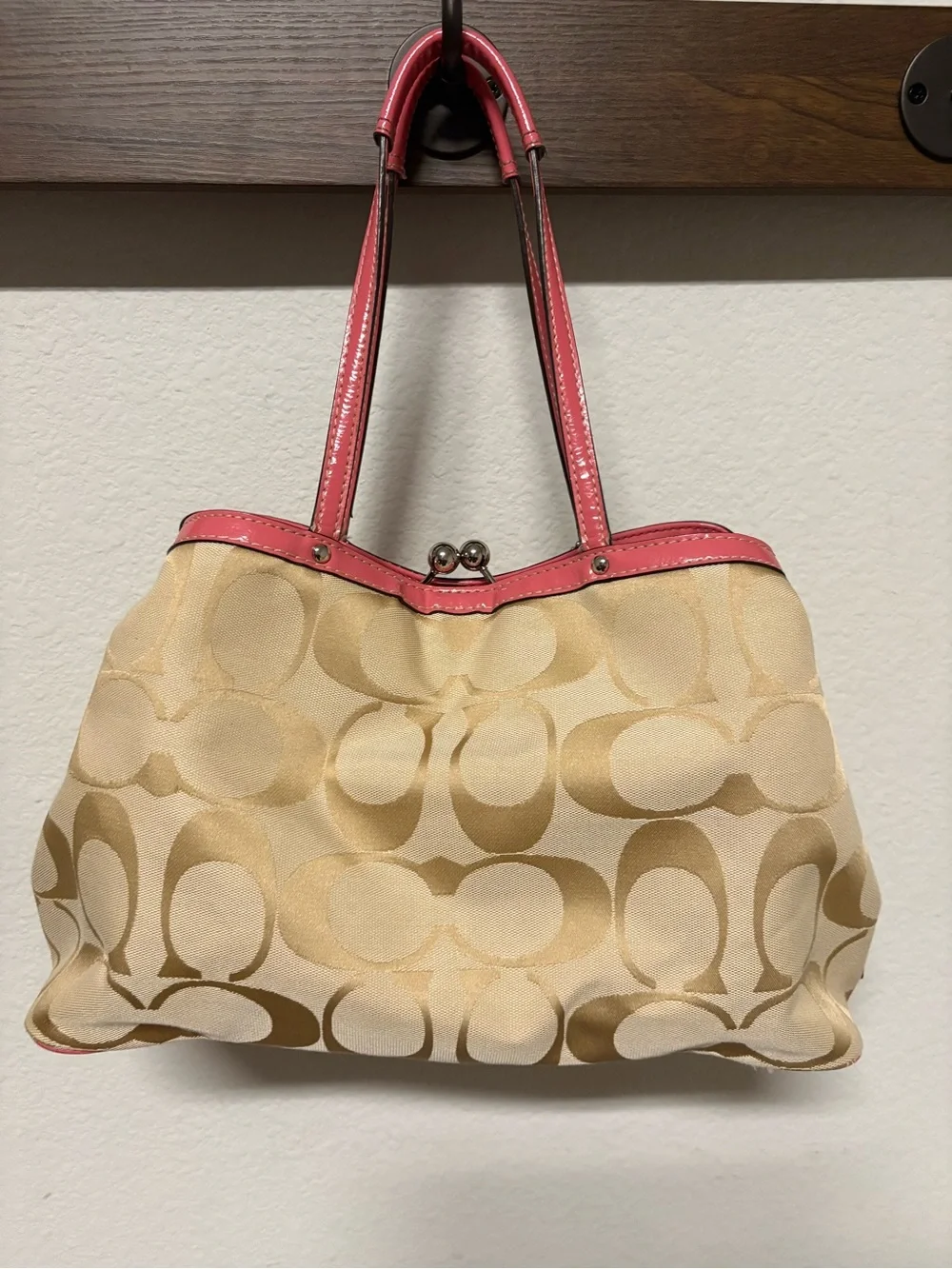 Coach Beige Signature Tote with Pink Trim - Picture 5 of 10